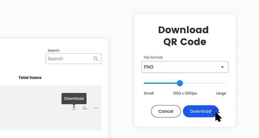 "Spotify" QR kodo atsisiuntimo proceso ekrano nuotrauka ir galimybė pasirinkti failo formatą ir dydį