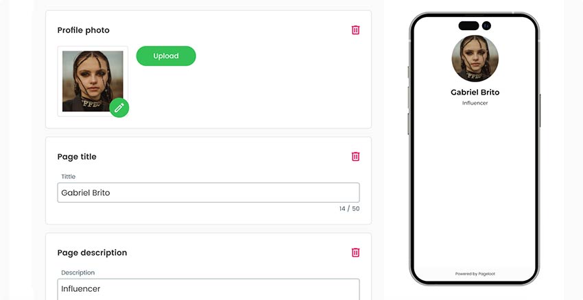 Add basic information and upload a photo for the landing page for social media QR code