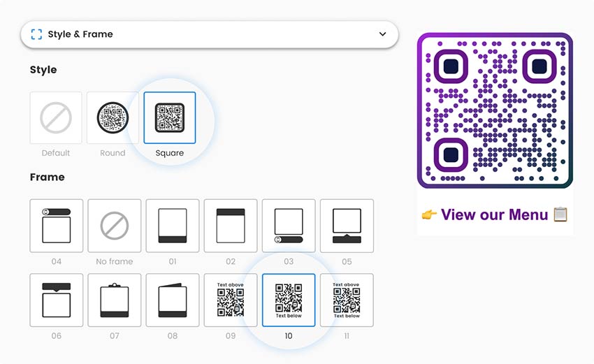 In Style & Frame section, editing the shape and frame of the menu QR code