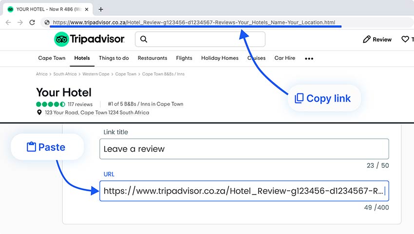 Kopiera och klistra in URL-länken till Tripadvisors granskningssida på Tripadvisors QR-kodgeneratorsida