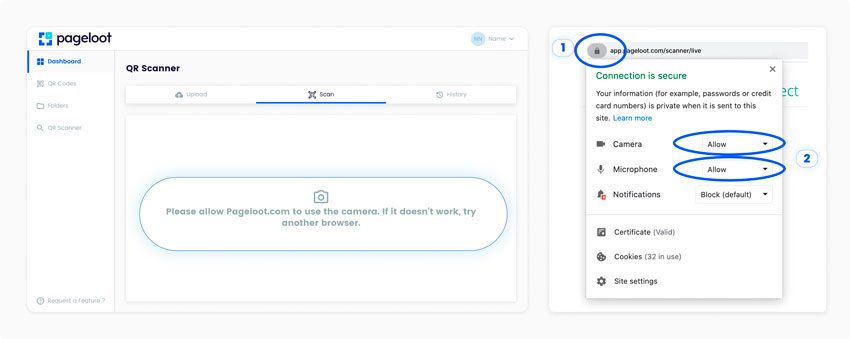 Allowing the use of the camera on a laptop in the QR code scanner tool